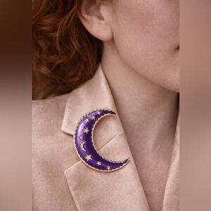 Purple Moon Crescent Gold Brooch